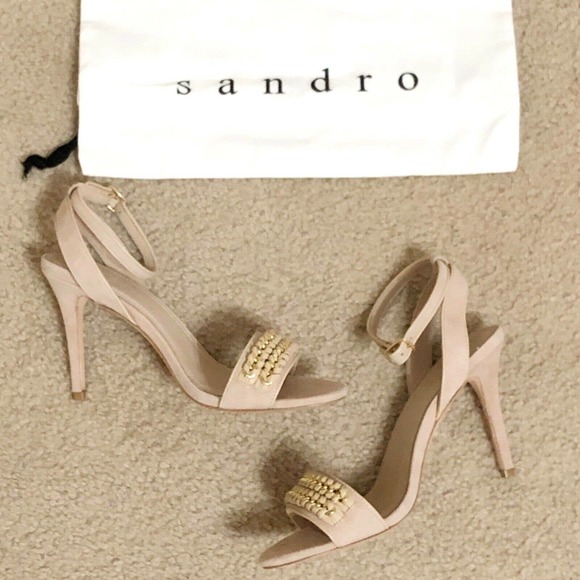Sandro Paris NEW Suede Stiletto Sandals Nude FR 40 US 9 Chain Ankle Strap Heels. - Picture 7 of 8